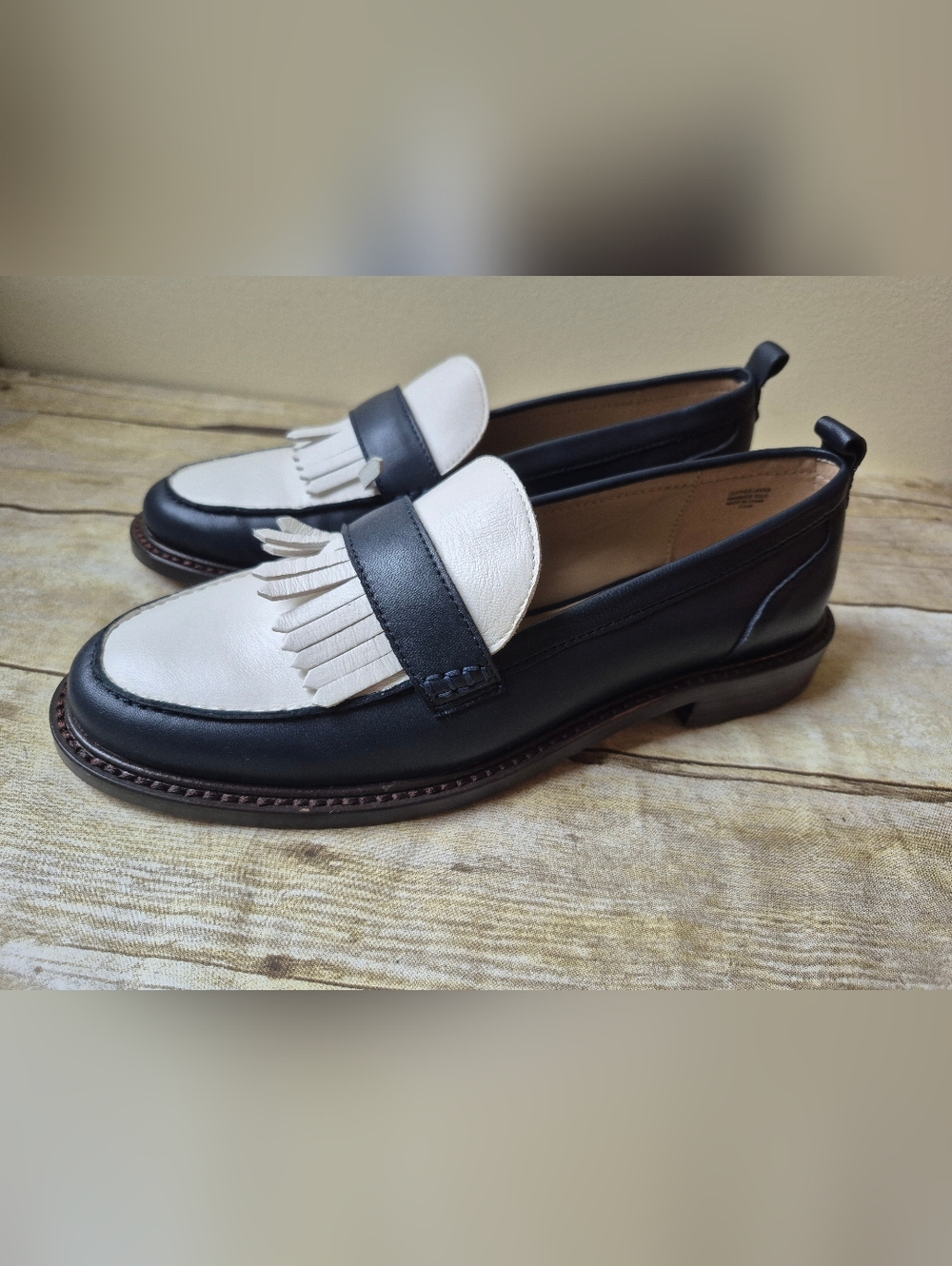 Ann Taylor Navy And Cream Leather Fringe Penny Loafers